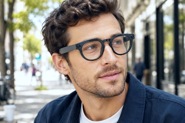 Mann trägt Google KI-Brille von Warby Parker im urbanen Umfeld