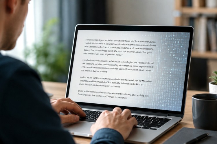 Person arbeitet am Laptop mit einem Text über unsichtbare KI-Wasserzeichen und maschinenlesbare Herkunftssignale.