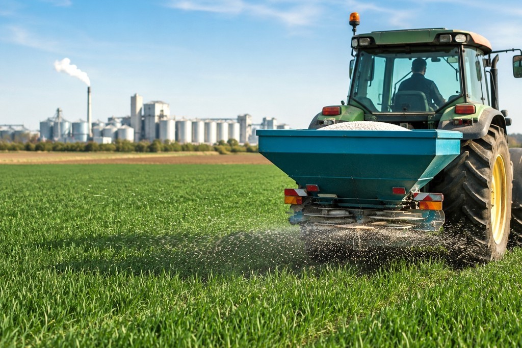 Landwirt bringt Dünger auf einem Feld aus, im Hintergrund Industrie- und Logistikanlagen als Symbol für globale Lieferketten.
