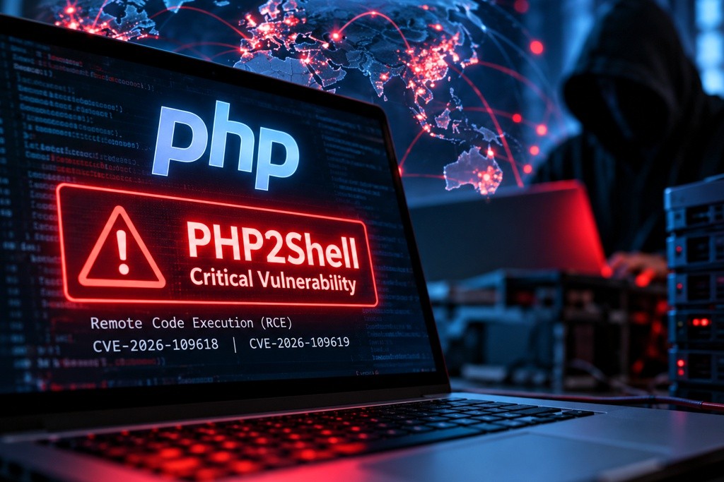 PHP2Shell-Sicherheitslücke: Laptop mit kritischer PHP-Warnung, Hacker im Hintergrund und Weltkarte mit Cyberangriffen.